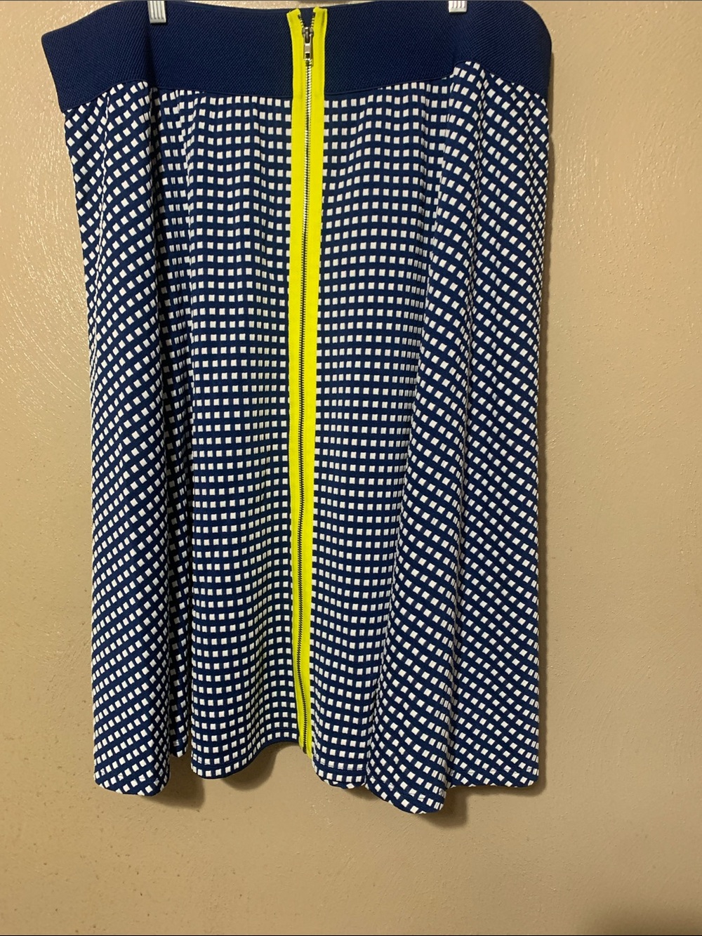 Marc Bouwer 2X Navy White Checked Skater Skirt Yellow Center Zip Wide Waistband